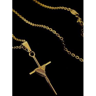 Imagem de Corrente cadeado 2mm com crucifixo palito banhado a ouro 18k - ToJoia1