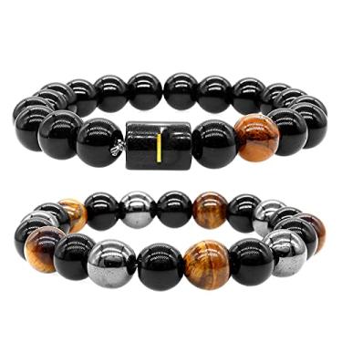 Imagem de Pulseira masculina de proteção tripla, pulseira elástica com contas obsidiana preta com letra inicial para homens e mulheres, olho de tigre natural de 10 mm com contas de hematita obsidiana preta