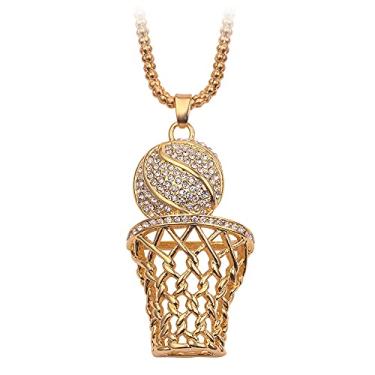 Imagem de COLORFUL BLING Colar de ouro 14 k Hiphop strass basquete punk corrente caixa pingente colar esportivo rock colar para homens meninos mulheres meninas, Metal