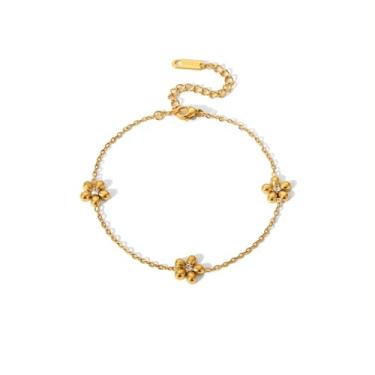 Imagem de Pulseira delicada com elos de margarida para mulheres, banhado a ouro 18 k, minimalista, flor de cristal, corrente ajustável, bracelete empilhável, simples, boêmio, amizade, joias, presentes para
