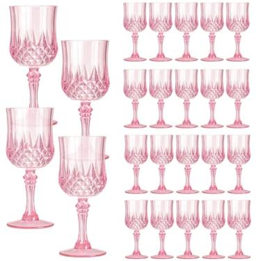 Imagem de XKXKKE 24 peças de copos de vinho de plástico rosa, taças de água de plástico para festas, copos de bebida com haste para recepção de casamento, suprimentos de bar de festa para grandes eventos, copos