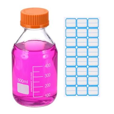 Imagem de PATIKIL Garrafas redondas de armazenamento de mídia, garrafas redondas graduadas de vidro espesso de 500 ml com tampa laranja GL45 para líquidos reagentes de água de laboratório, transparentes