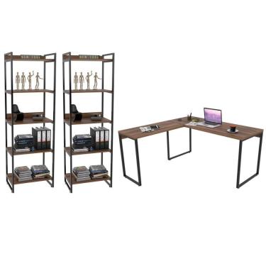 Imagem de Conjunto Escritório Estilo Industrial Mesa 150X150Cm E 2 Estantes 60Cm 5 Prateleiras C08 Nogal