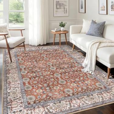 Imagem de KUTA Tapetes de área 12 x 18 cm, tapetes vintage laváveis em terracota para sala de estar, ultrafino, macio, antiderrapante, estampado, tribal, tradicional, casa de fazenda, para quarto, sala de