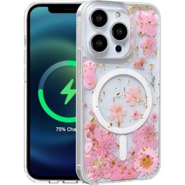 Imagem de CEOKOK Capa magnética para iPhone 15 Pro compatível com MagSafe transparente com design de flor prensada real com glitter bonito grily mulheres estética elegante à prova de choque capa protetora para