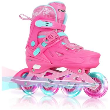 Imagem de Patins Infantil Regulável com Rodas Iluminadas para Iniciantes, Tam BR 30 a 34, Nattork, Rosa Escuro
