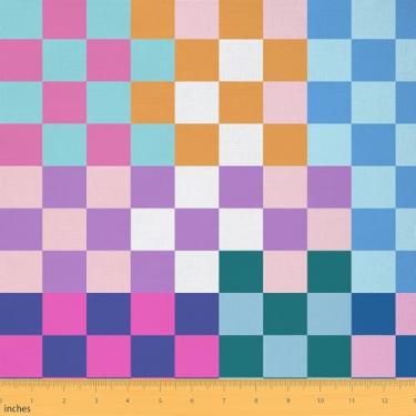 Imagem de Tecido retrô quadriculado multicolorido infantil meninos meninas geométrico vintage tecido estofado para cadeiras sofá sofá arco-íris colorido para projetos de casa DIY, decoração à prova d'água