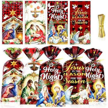 Imagem de HOWAF 100 peças de saco de presente de celofane religioso de Natal, sacos de presente de plástico para festa de Natal cristão, sacos xadrez vermelho Jesus Natal, sacos de doces de presépio com
