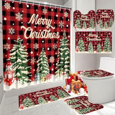 Imagem de Conjunto de 4 peças de cortina de chuveiro de Natal xadrez vermelho búfalo com tapetes antiderrapantes, capa de vaso sanitário, tapete de banheiro com 12 ganchos, cortina de chuveiro de árvore de