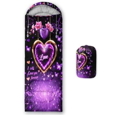 Imagem de QOOMO Sacos de dormir de acampamento com estampa de coração roxo, 3 estações, clima quente e frio, leve, sacos de dormir à prova d'água para adultos e crianças, viagens e ao ar livre, equipamentos de