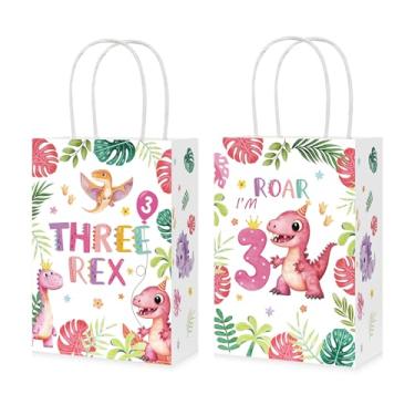 Imagem de 16 peças de dinossauro rosa 3 sacos de lembrancinha de festa de aniversário de 3 anos Rex dinossauro doce presente sacos de presente com alças decorações de aniversário de três anos para meninas 3