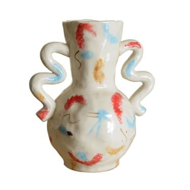 Imagem de Vaso de cerâmica de orelha dupla pintado à mão para quarto, decoração de casa, flor para arranjo de flores artificiais frescas, restaurante