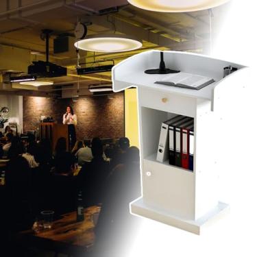 Imagem de Suporte de palito de pódio minimalista moderno, mesa de apresentação de chão com tampa de borda para ensino e hospedagem - Design de carvalho escuro para eventos elegantes