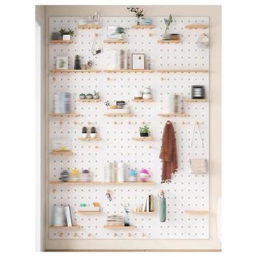 Imagem de Organizador de parede expansível de madeira | Kit de painel de armazenamento personalizável com ganchos e acessórios | Ideal para escritório em casa, garagem, oficina - cor leite (60 x 80 cm)