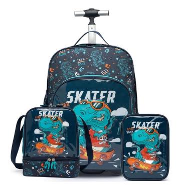 Imagem de Kit de Mochila Escolar de Rodinha Dinossauro Infantil com Estojo e Lancheira-Unissex