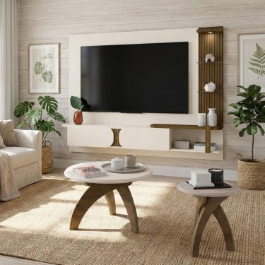 Imagem de Sala de Estar com Rack para Tv e Mesas Toronto 2 Portas 4 Prateleiras em MDF e MDP 200cm Off White e Pinho Dkadidecor