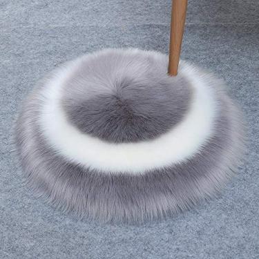 Imagem de Tapetes redondos falsos, tapete macio de pelo longo, padrão circular, antiderrapante, lavável para sala de estar, quarto, escritório, banheiro, varanda, sofá infantil, almofada para pés, cinza e branco