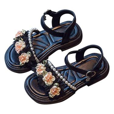 Imagem de Sandálias de verão novas sandálias de futebol femininas com contas de borracha macia e leve com contas de flor fashion para meninas (preto, 12 crianças pequenas)