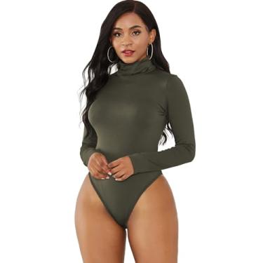 Imagem de Cosych Bodysuit para Mulheres gola alta manga longa Stretch Tops macacão,Military green,M