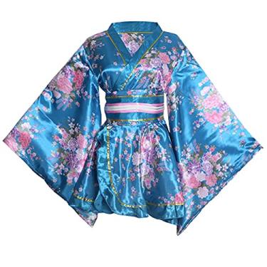 Imagem de Vestido feminino sexy curto quimono adulto com estampa de gueixa japonesa Yukata vestido chique com cinto Obi, 2# Azul celeste, Tamanho Único