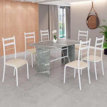 Imagem de Conjunto Sala de Jantar Mesa Retangular 140x75cm Tampo Granito Topázio 6 Cadeiras Marselha Creme / Branco