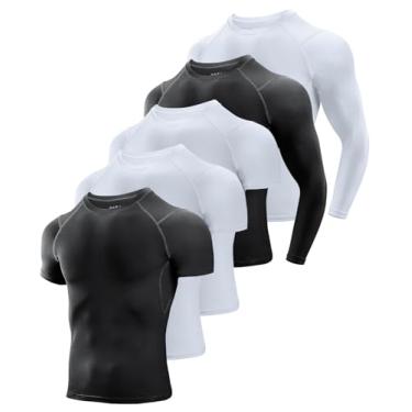 Imagem de Niksa Pacote com 2/5 camisetas masculinas de compressão, camiseta atlética de manga curta/longa, camisetas de compressão masculinas, Preto x 2 + branco x 3, P