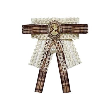 Imagem de JKQBUX Broche de laço retrô francês para mulheres meninas uniforme xadrez marrom pré-amarrado laço corpete festa cerimônia acessórios, 8*10cm, Alumínio, Pérola