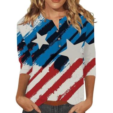 Imagem de Camiseta feminina bandeira americana listras estrelas verão Henley gola 3/4 camisetas patrióticas vermelho branco azul túnica, Vermelho, M