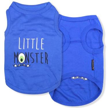 Imagem de Parisian Pet Camiseta bordada "Little Monster" para meninos - algodão puro, leve, camiseta azul sem mangas - lavável na máquina, serve para cães grandes - 2GG