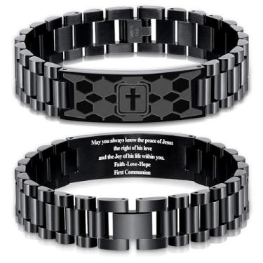 Imagem de KLIFOWDY Pulseiras de futebol de aço inoxidável para homens, pulseiras cruzadas, versículo bíblico gravado, pulseira masculina, joias cristãs, presentes, First Communion, Sem Pedra Preciosa