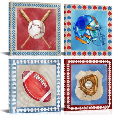 Imagem de xiysien Arte de parede de beisebol futebol americano, beisebol, futebol americano, esportes, estampas, emolduradas, arte para escritório, sala de estar, quarto, decoração de parede 30,5 x 30,5 x 4