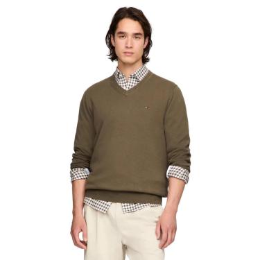 Imagem de Suéter Tommy Hilfiger masculino com decote em V 100% algodão verde militar