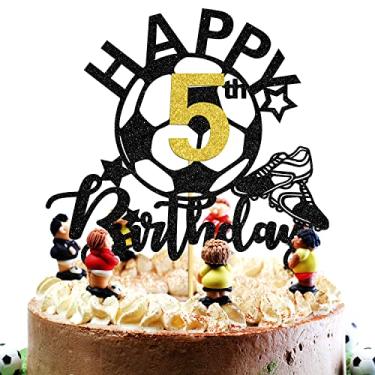 Imagem de Topo de bolo de futebol com glitter feliz 5º aniversário, brinquedos para jogadores de futebol/decorações de bolo de festa com tema de futebol de 5 anos, suprimentos de decoração de festa para meninos