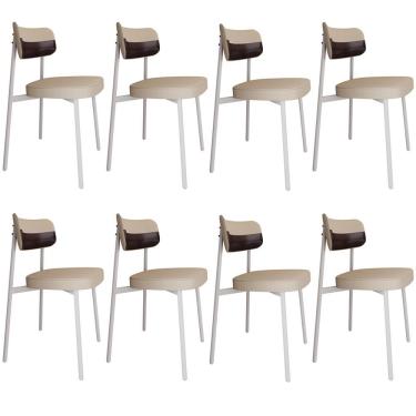 Imagem de Kit 08 Cadeiras Estofada Para Sala De Jantar Astrid Branco C01 Linho Areia Courino Café - Lyam Decor