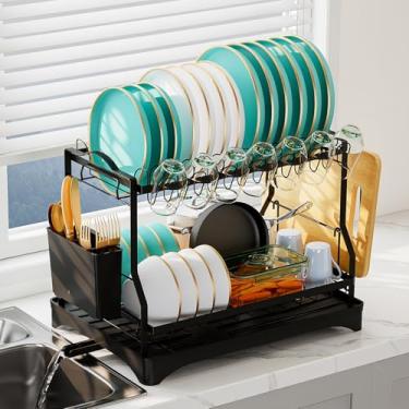 Imagem de HANLE Escorredor de pratos grande que economiza espaço para balcão de cozinha, organizador de escorredor de pratos de aço inoxidável de 2 camadas com suporte de talheres, preto (instalação sem