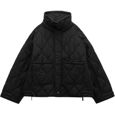 Imagem de Jaqueta Puffer Leve Acolchoada Para Mulheres Inverno Oversized Thin Zip Up Jaqueta Casaco, Black, XS