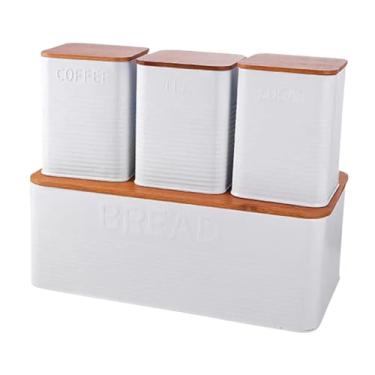 Imagem de Conjunto Porta Pão com 3 Potes Organizadores em Metal com Tampa de Bambu (Branco)