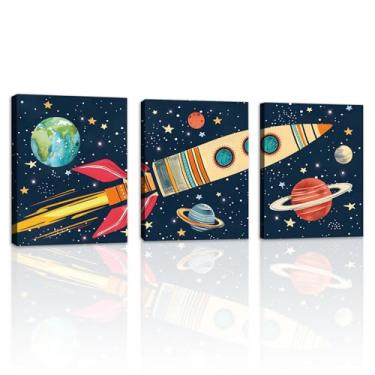 Imagem de KAIRNE Decoração do espaço sideral de foguetes, arte de parede do sistema solar, decoração de pendurar os planetas, pinturas de arte de foguete decoração fora do espaço para decoração de quarto de