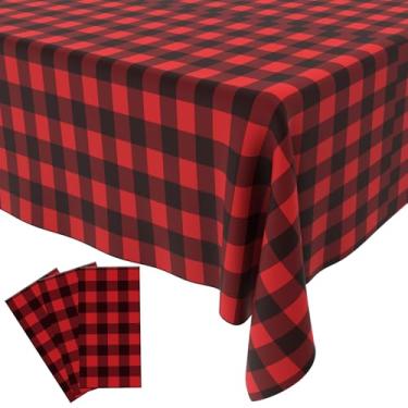 Imagem de Toalha de mesa xadrez vermelha e preta, 3 peças, toalha de mesa descartável, impermeável, de plástico vermelho, capa de mesa retangular para piquenique, aniversário, casamento, Natal, tema de festa
