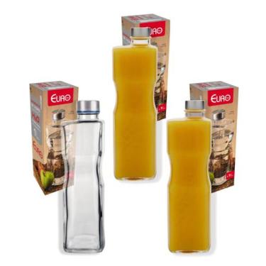 Imagem de Kit 3 Garrafas De Vidro 1L Tampa Aço Inox Leite Água Suco Euro - Euro 
