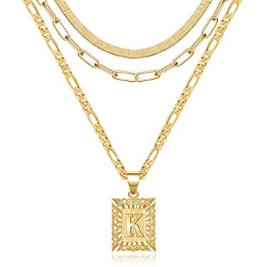 Imagem de KissYan Conjunto de colar em camadas de ouro para mulheres, banhado a ouro 14 K com pingente de letra inicial e clipe de papel, gargantilha de cobra e alfabetos de A-Z Fígaro, colar de corrente de