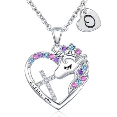 Imagem de Colar com cruz de unicórnio para meninas – Colar colorido com coração de zircônia cúbica e unicórnio, presente de aniversário, batismo, Natal para meninas e adolescentes, 16”+2”, Latão Zircônia cúbica