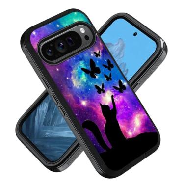 Imagem de ZXHSBROK Capa para celular Google Pixel 9/Pixel 9 Pro, 3 camadas resistentes à prova de choque de grau militar para Google Pixel 9/Pixel 9 Pro (2024), galáxia nebulosa gato e borboleta