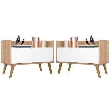 Imagem de Kit Com 2 Mesas De Cabeceira 80Cm Retrô Multimóveis V4002 Rustic/Branca/Natural