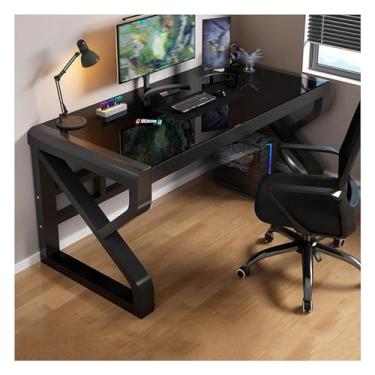 Imagem de Mesa de computador moderna, mesa de escritório em casa com moldura de aço de vidro temperado, mesa de estudo, mesa de computador, mesa de jogos, fácil de montar, multicolorida, F 100 x 60 x 75 cm
