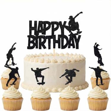 Imagem de 7 Pcs Skateboard Cake Topper Set, Skateboard Happy Birthday Cake Topper, Fun Skateboarder Themed Dessert Picks Birthday Party Decorations for Teens, Boys, and Girls