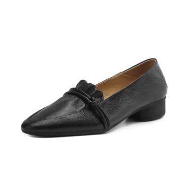 Imagem de TinaCus Sapato feminino feito à mão de couro legítimo macio de salto baixo grosso, Preto, 36