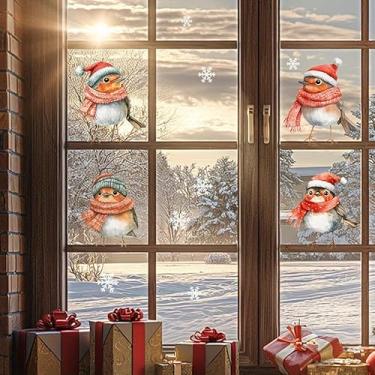 Imagem de 1 peça de adesivos de janela de Natal com flocos de neve de pássaro fofo em aquarela - Decalques de adsorção eletrostática de PVC removíveis - para quarto, sala de estar, decoração de vitral, adesivos