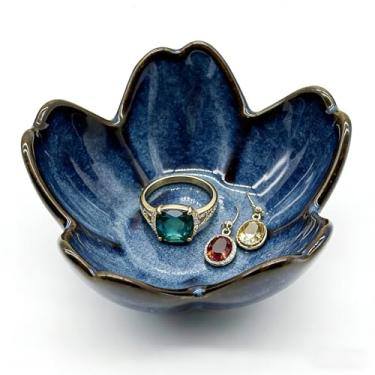 Imagem de BESSKON Prato de anel, bandeja de joias de cerâmica, suporte de bugiganga para mesa de cabeceira de banheiro, tigela decorativa pequena (azul)