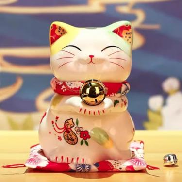 Imagem de FENNYYAR Mascote de gato riqueza de gato com orelhas verdes amareladas de cerâmica, 19,5 cm 19,5 cm, acessório de decoração de quarto de estátua Feng Shui